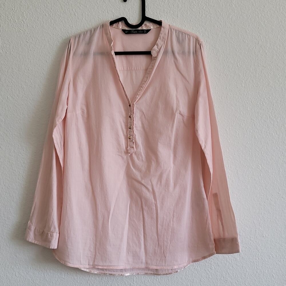 ZARA Top Blouse Popover Boho Long Sleeve Beachy Lightweight Size Medium Pink